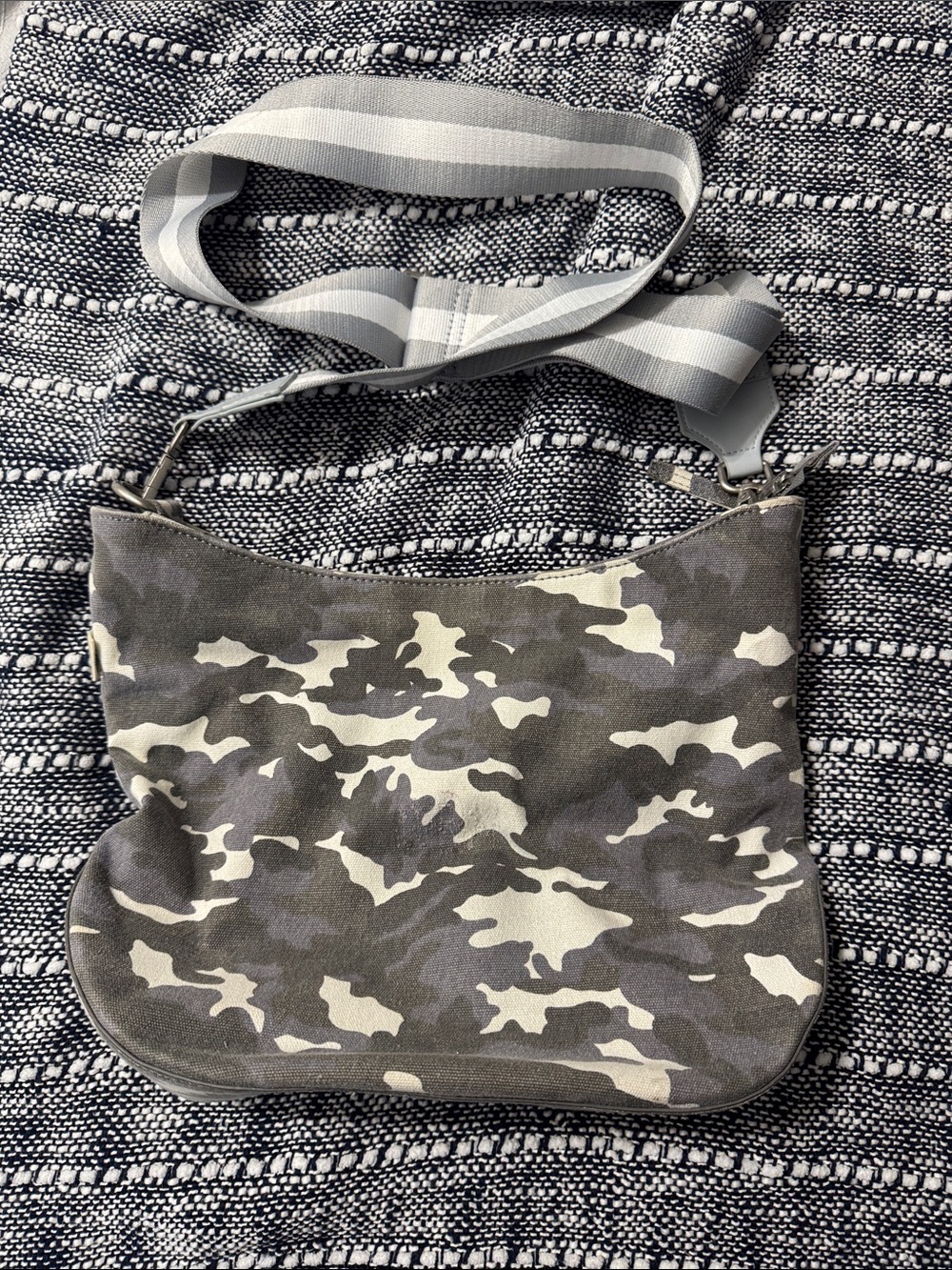 Quilted Koala Gray Camo Crossbody Bag with Stripe Strap